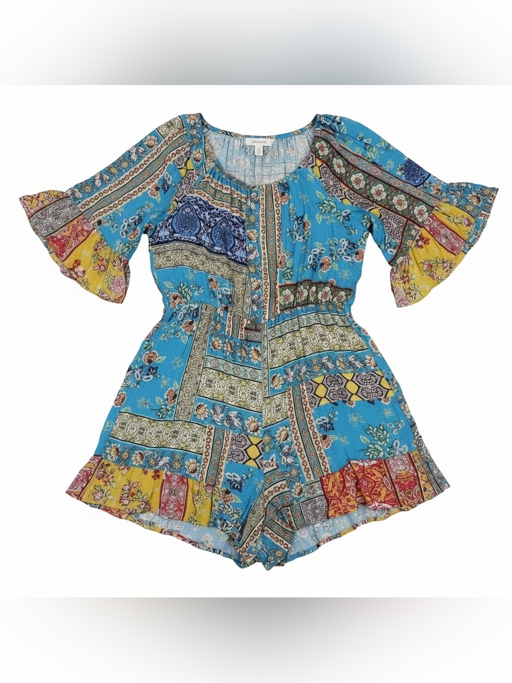 Ces Femme Sz L Romper BOHO style rayon lightweight ruffle trim colorful | NWT - Picture 2 of 7